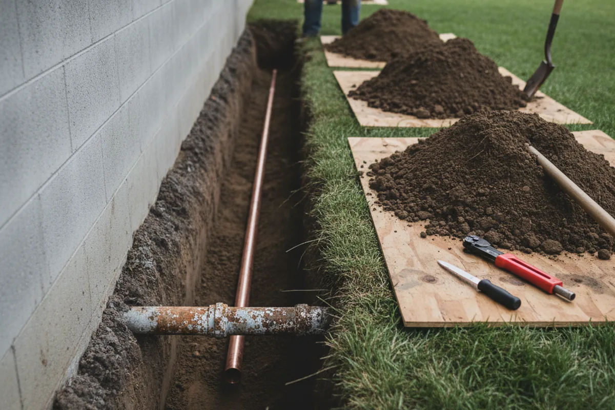 Excavated water line trench during Sewer Line Repair in Alpha